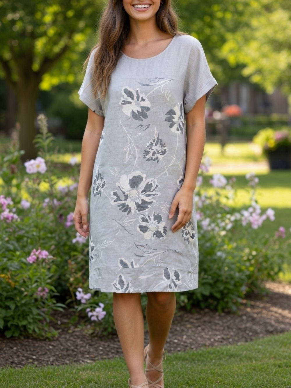 Valentina Naldi Light Gray 100% Linen Floral Short Sleeve Shift Dress Size S